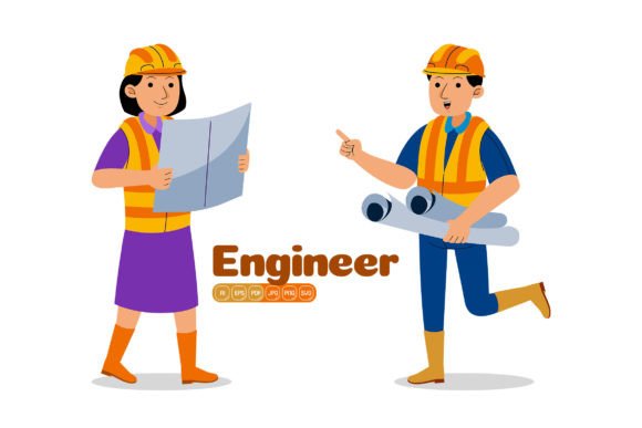 Man and Woman Construction Engineer Vector Illustrations