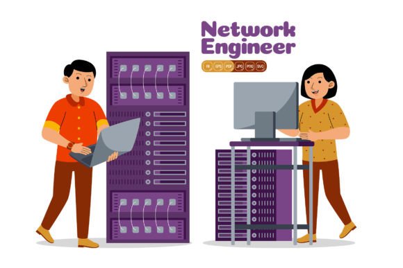 Man and Woman Network Engineer Profession Illustrations